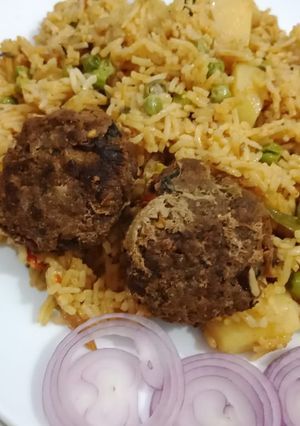 A picture of Mater pulao with shami kabab.
