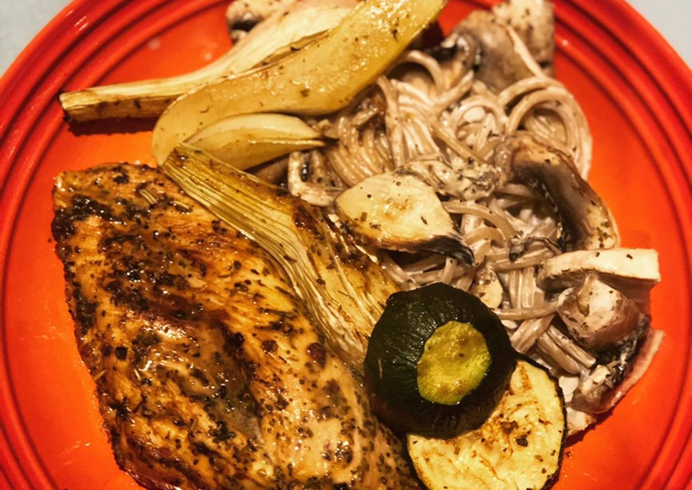 Mustard Chicken with Creamy Mushroom Spaghetti