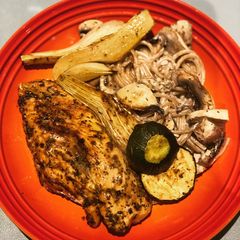 A picture of Mustard Chicken with Creamy Mushroom Spaghetti.