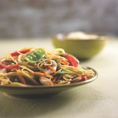 A picture of Angel Hair Pasta with Chicken and Spring Vegetables.