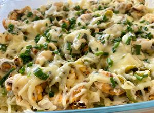 Une photo de Gratin de coquillettes aux moules et aux asperges vertes