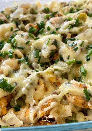 Une photo de Gratin de coquillettes aux moules et aux asperges vertes