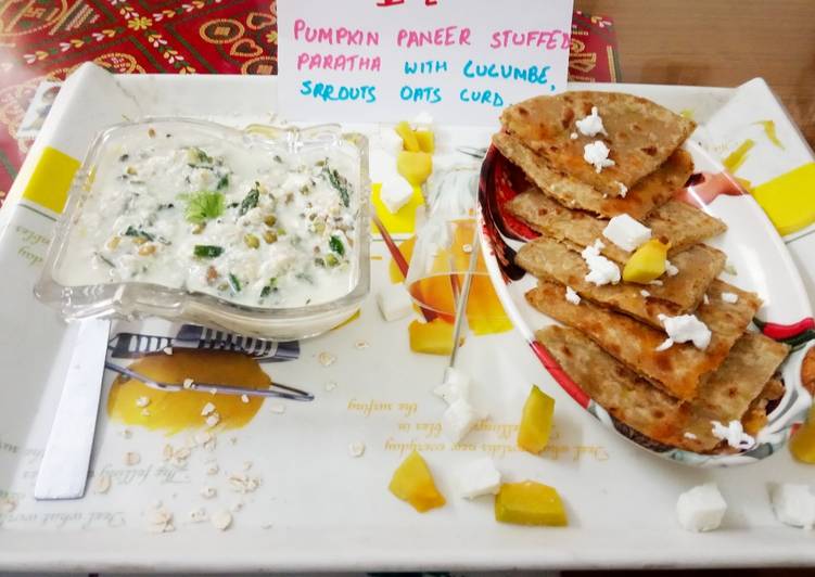 Simple Way to Make Super Quick Homemade Pumpkin paneer stuff paratha with cucumber sprouts oats curd