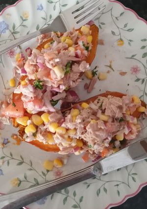 A picture of Sweet potato with  tuna topping.