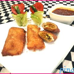 Maggi sprout puff with salsa dip A picture of Maggi sprout puff with salsa dip.