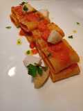 Paccheri con crema di peperoni e cuori di merluzzo
