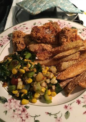 A picture of Sautéed Collard Greens, Brussel Sprouts and Corn.