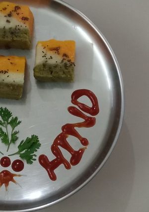 A picture of Tricolour Instant Rava Dhokla with Natural Colours !!.