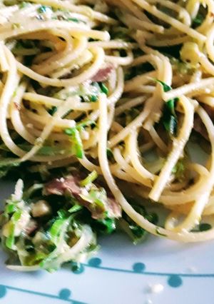 A picture of Creamy leek & bacon spaghetti (vegan).