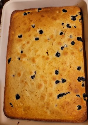 A picture of Our favorite gf blueberry cake.