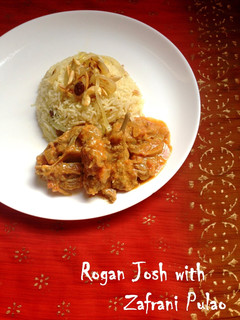 A picture of Rogan Josh with Zafrani Pulao.