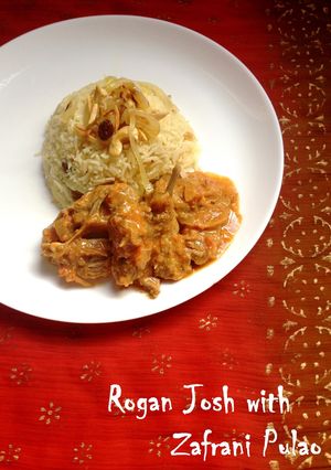 A picture of Rogan Josh with Zafrani Pulao.