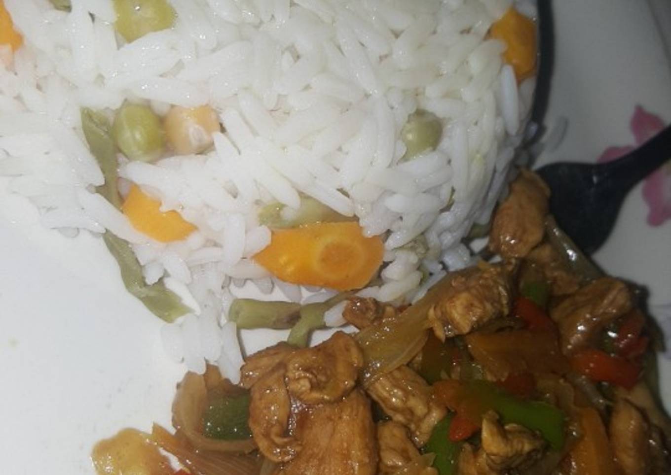 Vegetables rice and chicken stir fry