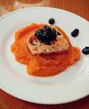 Sauteed salmon filet on sweet potato puree with bluberry compote