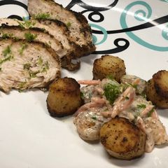 A picture of Seared Chicken Breast w/ Shrimp and Scalloped Potato.