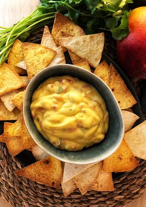A picture of Homemade Nachos with Creamy Mango Dip.