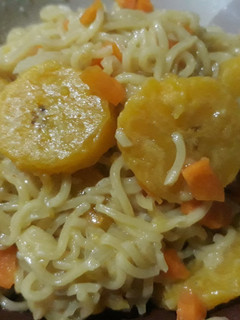 A picture of Noddles and ripe plantain.