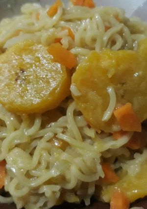 A picture of Noddles and ripe plantain.