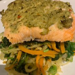 A picture of Thai salmon with noodles.