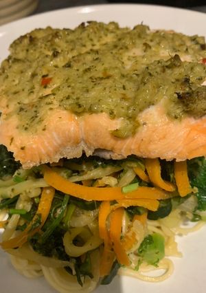 A picture of Thai salmon with noodles.