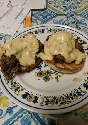 A picture of Open Faced Philly Cheese Steak Sandwich.