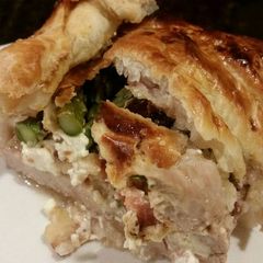 A picture of Brad's bacon asparagus and cream cheese stuffed pork wellington.