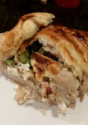 A picture of Brad's bacon asparagus and cream cheese stuffed pork wellington.