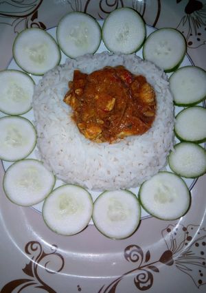 A picture of White rice and water snail stew, garnished with cucumber.