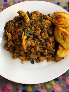 A picture of Porridge beans and fried plantain.