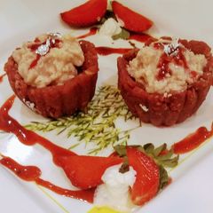 A picture of Strawberry  katori filled with butter cream.