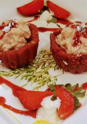 A picture of Strawberry katori filled with butter cream.