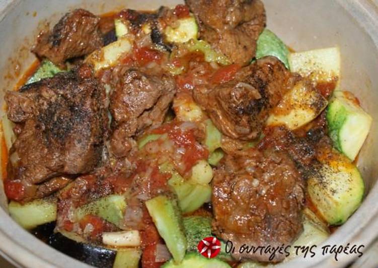 Beef with vegetables in a clay pot