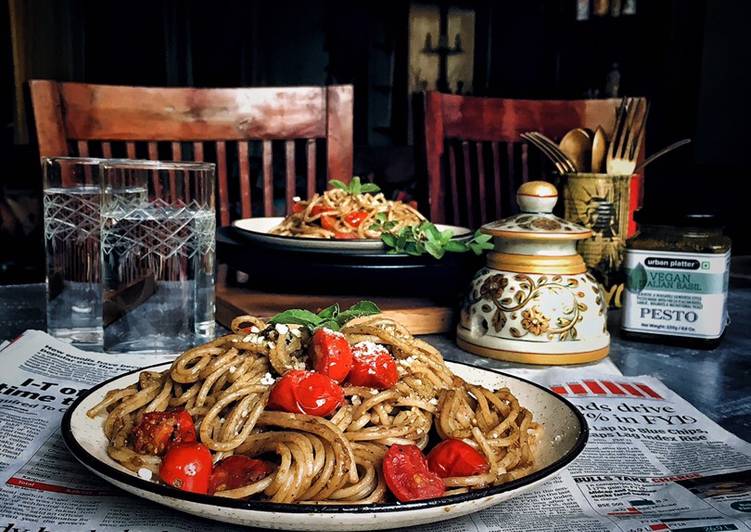 Recipe of Favorite Basil pesto spaghetti with loads of cherry tomatoes