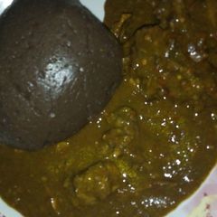 A picture of Amala with dry okro soup.