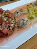 Carpaccio de galera, con tartar de tomate y cosas😂😂😂