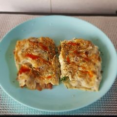 A picture of Bacon omelette without cheese.