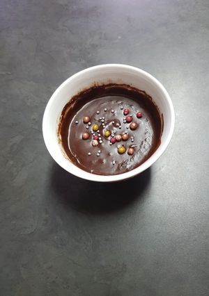 A picture of Dairy free chocolate Pudding in a Mug.
