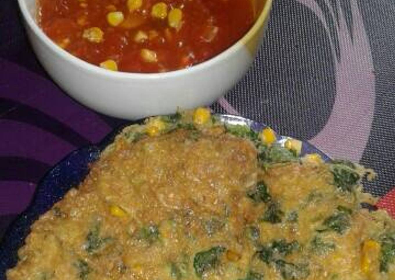 Telur bebek dadar bayam jagung with western sauce_^