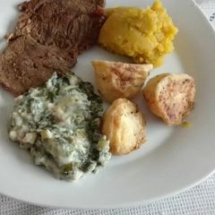 A picture of Steak and vegetables.
