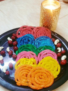 A picture of Rainbow jalebi.