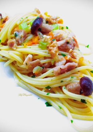 A picture of Spaghetti with Rabbit Ragù, Mushrooms, and Walnuts.