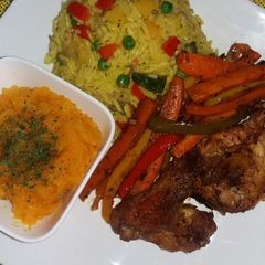 A picture of Fried Rice, Chicken with butternut sauce.