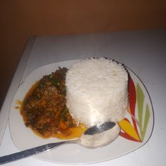 A picture of Rice with mix-Veg sauce and Beef.