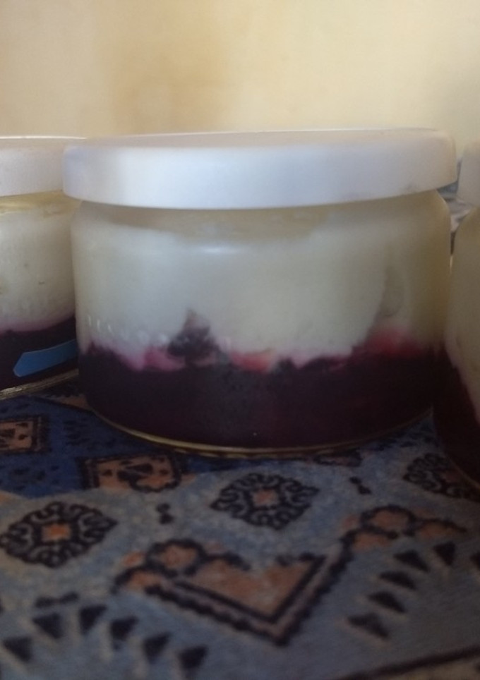 Una foto de Yogurt Griego hecho con LECHE EN POLVO, con colchón de grosellas
