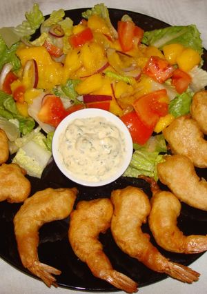 A picture of Beer batter shrimps and mango salad.