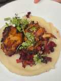 Crispy Sourdough Chicken with Garlic Mashed Potatoes and Beet Sauté