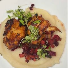 A picture of Crispy Sourdough Chicken with Garlic Mashed Potatoes and Beet Sauté.