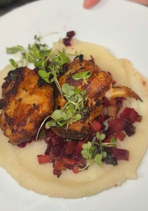 A picture of Crispy Sourdough Chicken with Garlic Mashed Potatoes and Beet Sauté.