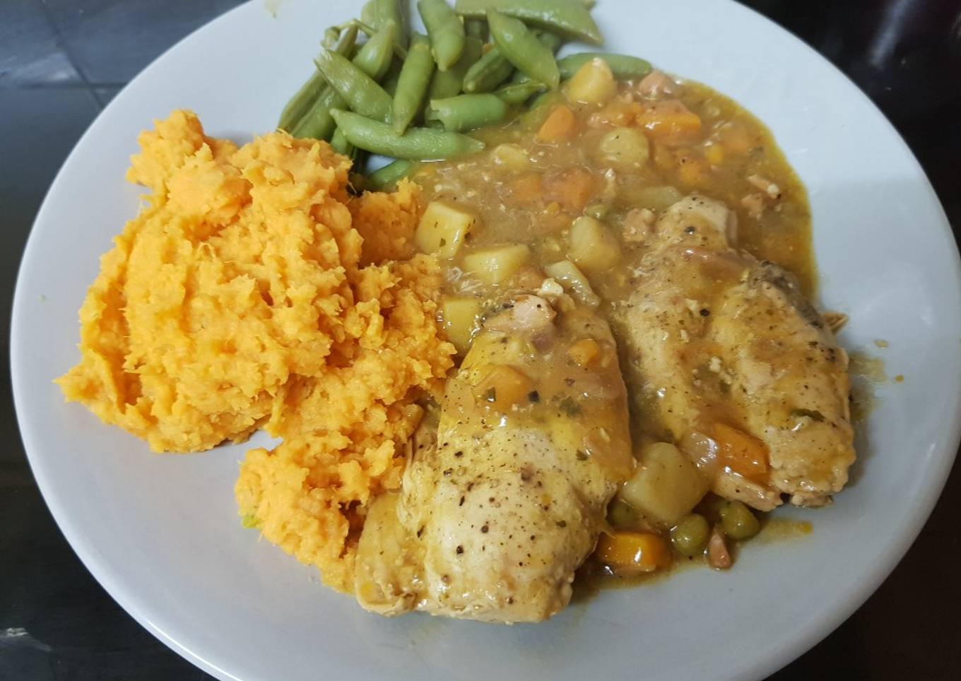 Chunky Chicken Stew and Sweet Potato Mash. ðŸ’œ