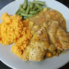 A picture of Chunky Chicken Stew and Sweet Potato Mash. 💜.